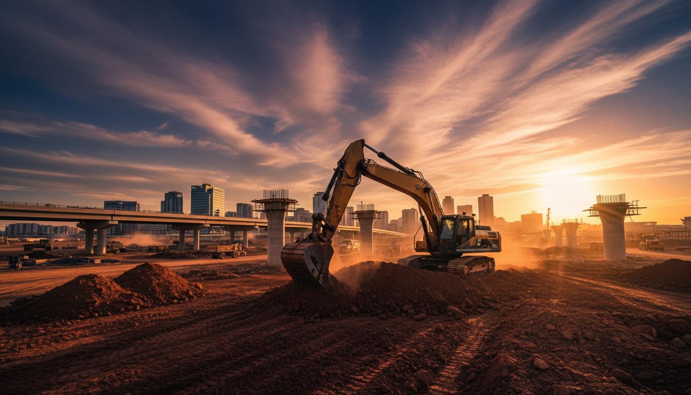 Construction site with heavy machinery at work